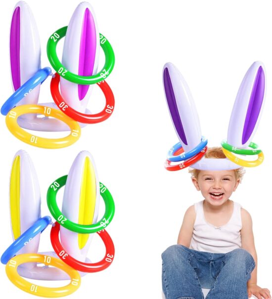 [ Score Ring ] 3 Pack Easter Inflatable Bunny Ring Toss Game Easter Rabbit Ears Ring Toss Party Games Inflatable Toys Gift for Kid Family School Party Favor Indoor Outdoor Toss Game (3 Set & 12 Rings)