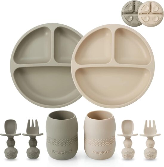 PandaEar Silicone Baby Feeding Set| 2 Pack Silicone Divided Suction Plate and 2 Pack Tiny Cup with 2 Spoons 2 Forks| Baby Led Weaning Supplies Self Feeding Eating Utensils (Light Tan/Walnut) - Image 2