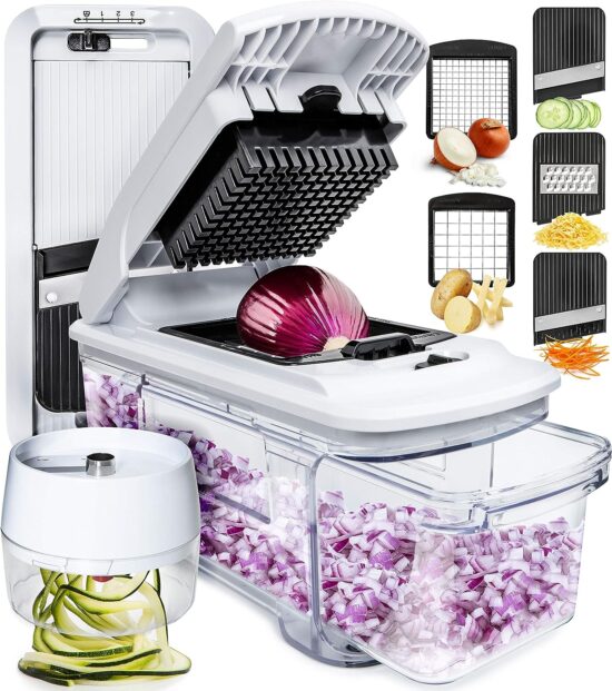 Pro-Series All-in-One, 12 Blade Mandolin Slicer for Kitchen, Food Chopper, Vegetable Slicer and Spiralizer, Cutter, Dicer, Grater, Kitchen Gadgets Sets with Container, White Sand/Dark Grey