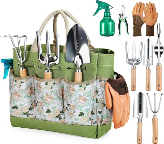 Gardening Tools 9-Piece Heavy Duty Gardening Hand Tools with Fashion and Durable Garden Tools Organizer Handbag, Rust-Proof Garden Tool Set, Ideal Gardening Gifts for Women