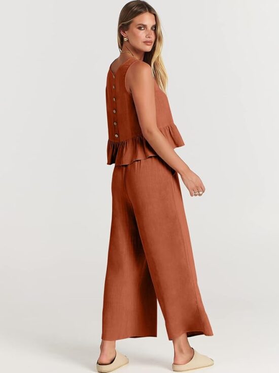 ANRABESS Women Summer 2 Piece Outfits Sleeveless Tank Crop Top Wide Leg Pants Linen Jumpsuits Lounge Matching Beach Sets - Image 2