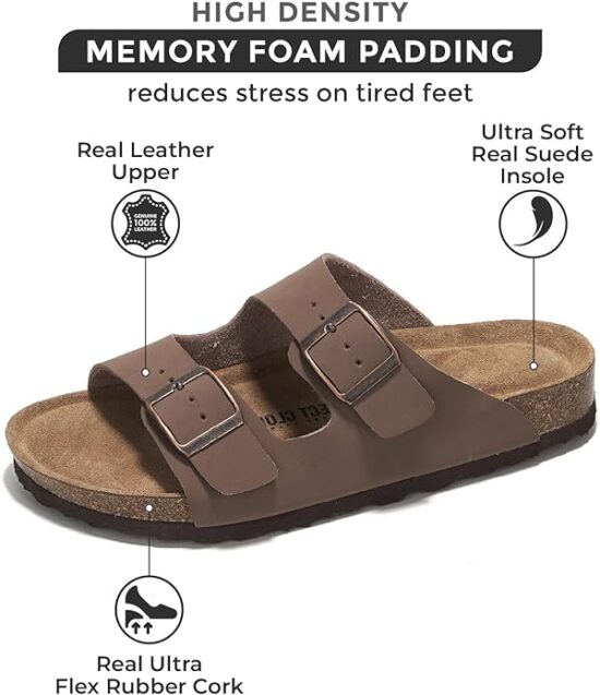Flat Sandals Women Comfortable 100% Genuine Leather Memory Foam Beach Essentials Womens Sandals Cork Footbed Women's Sandals Vacation Essentials Slides for Women Footwear (Venita) - Image 3