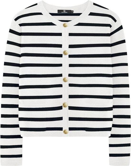 LILLUSORY Women's Crew Neck Gold Buttons Cardigan Sweaters Lady Jacket with Patch Pockets
