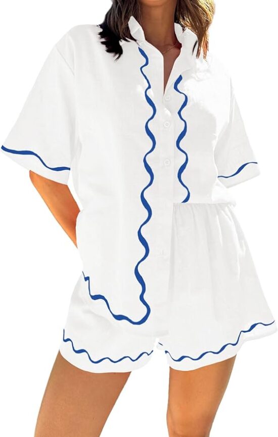 Women's 2 Piece Outfits Sets Button Down Short Sleeve Shirts and Shorts Pajama Sets Summer Casual Loungewear