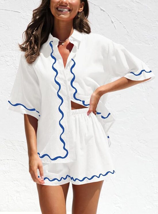 Women's 2 Piece Outfits Sets Button Down Short Sleeve Shirts and Shorts Pajama Sets Summer Casual Loungewear - Image 2