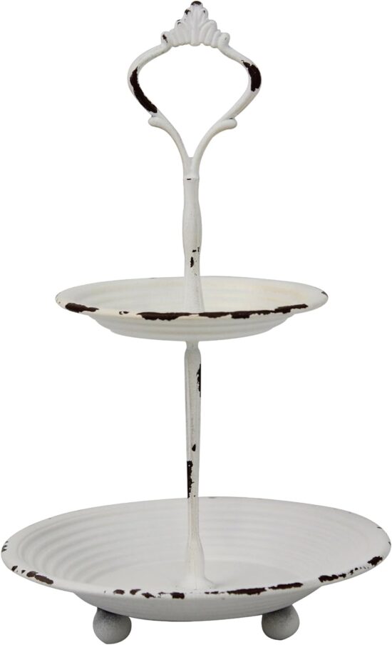 Stonebriar Small 2 Tier Worn White Metal Tray, Rustic Farmhouse Decor, Tiered Jewelry Tray for Vanity or Bathroom, 9.25"