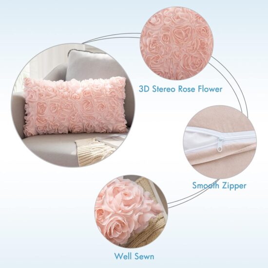 MIULEE 3D Decorative Spring Romantic Stereo Chiffon Rose Flower Pillow Cover Solid Square Pillowcase for Sofa Bedroom Car 12x20 Inch 30x50cm Peach Pink Wedding Gifts Valentines Day - Image 3