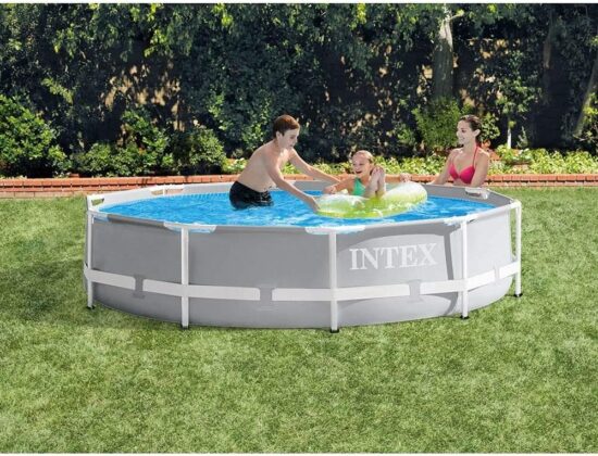Intex Prism Frame Above Ground Swimming Pool Set with 3 Ply Polyvinyl Chloride Material and Krystal Clear Filtration for Outdoor Use, Gray - Image 3