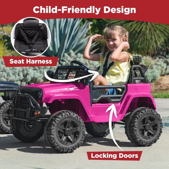 Best Choice Products 12V Kids Ride On Truck Car w/Parent Remote Control, Spring Suspension, LED Lights, AUX Port - Hot Pink - Image 2