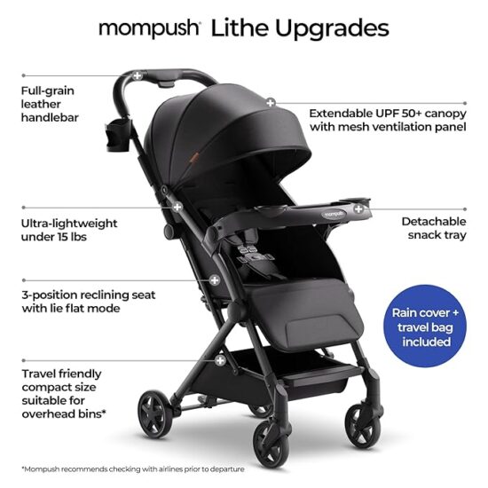 Mompush Lithe V2 Lightweight Stroller + Snack Tray, Ultra-Compact Fold & Airplane Ready Travel Stroller, Near Flat Recline Seat, Cup Holder, Raincover & Travelbag Included - Image 2