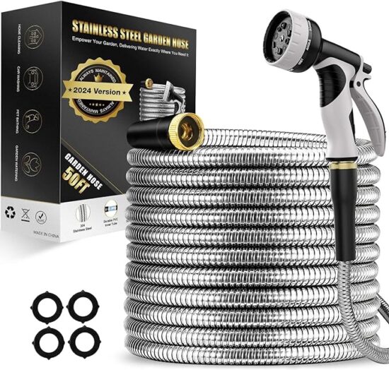 Lefree Garden Hose 50ft, Metal Garden Hose with Nozzle, Leak Proof Water Hose, 3/4" Fittings Metal Hose for Yard, Flexible Garden Hose, Never Kink & Tangle, Heavy Duty Metal Water Hose