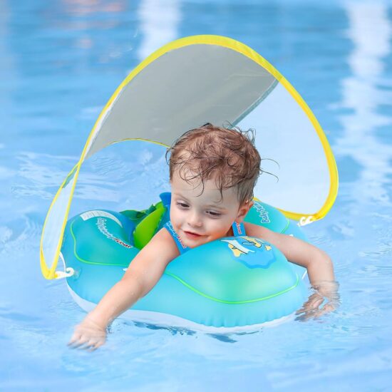 Free Swimming Baby Inflatable Baby Swim Float with Sun Canopy Size Improved Infant Pool Floaties Swimming Pool Toys for The Age of 3-72 Months(Blue, L)