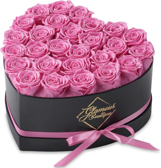 GLAMOUR BOUTIQUE 27-Piece Forever Flowers Heart Shape Box - Preserved Roses, Immortal Roses That Last A Year - Eternal Rose Preserved Flowers for Delivery Prime Mothers Day & Valentines Day -PINK