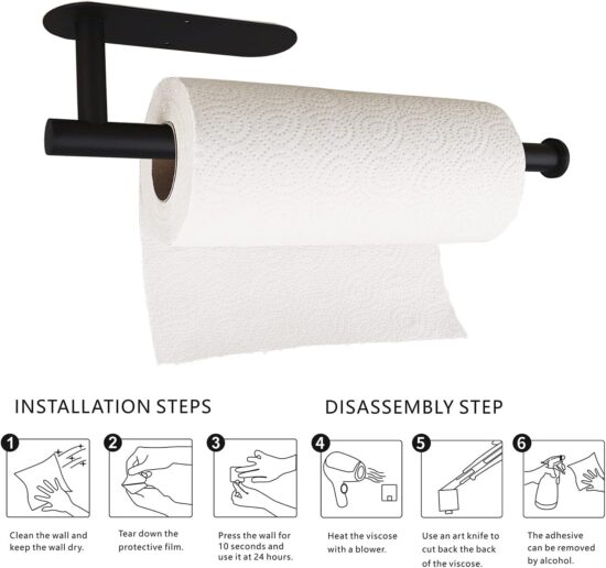 Paper Towel Holders-Blcak,Paper Towels Rolls - for Kitchen,Paper Bulk- Self-Adhesive Under Cabinet,Both Available in Adhesive and Screws,Stainless Steel