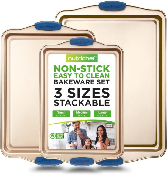 NutriChef 3-Piece Nonstick Bakeware Set - Premium Carbon Steel Baking Trays with Blue Silicone Handles, Easy to Clean, Small, Medium & Large Cookie Sheet Pans
