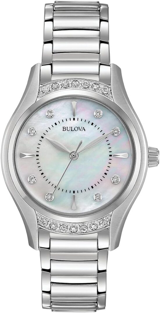 Bulova Ladies' Classic Diamond 3-Hand Quartz Stainless Steel Watch, 16 Diamonds, Mother-of-Pearl Dial, Curved Mineral Crystal