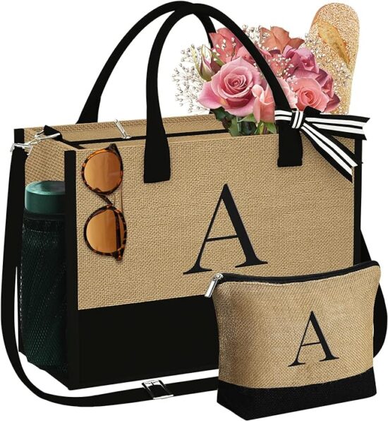 YOOLIFE Gifts for Women - Initial Jute Tote Bag & Makeup Bag Adjustable Strap Graduation Gifts Birthday Gifts for Women Her