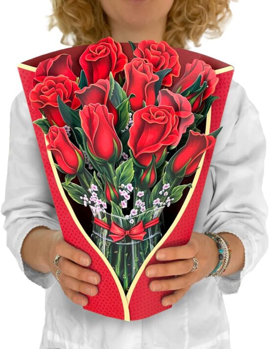 Freshcut Paper Pop Up Cards, Red Roses, 12 Inch Life Sized Forever Flower Bouquet 3D Popup Greeting Cards, Mother's Day Gifts, Birthday Gift Cards, Gifts for Her with Note Card & Envelope