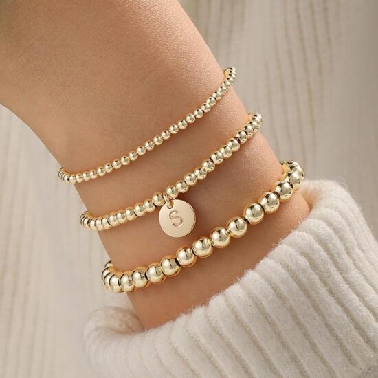 Turandoss Gold Bracelets for Women Girls - Dainty 14K Gold Plated Stackable Beaded Bracelets for Women Trendy, Gold Beaded Stacking Monogram Bracelet, Gold Jewelry Gifts for Women Girls