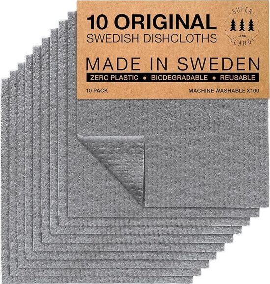 SUPERSCANDI Swedish Dishcloths for Kitchen Grey 10 Pack Reusable Compostable Kitchen Cloth Made in Sweden Cellulose Sponge Swedish Dish Cloths for Washing Dishes Reusable Paper Towels Washable