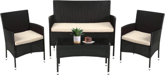 FDW Patio Furniture Set 4 Pieces Outdoor Rattan Chair Wicker Sofa Garden Conversation Bistro Sets for Yard,Pool or Backyard