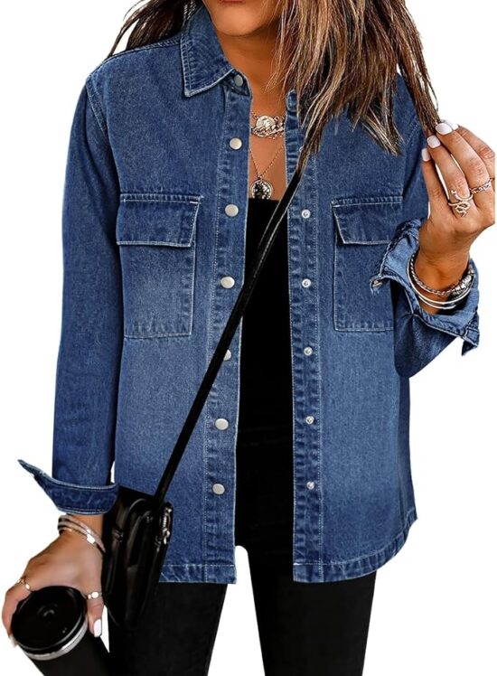 luvamia 2024 Jean Jackets for Women Fashion Oversized Button Down Denim Jacket Western Fall Shacket Jacket with Pockets