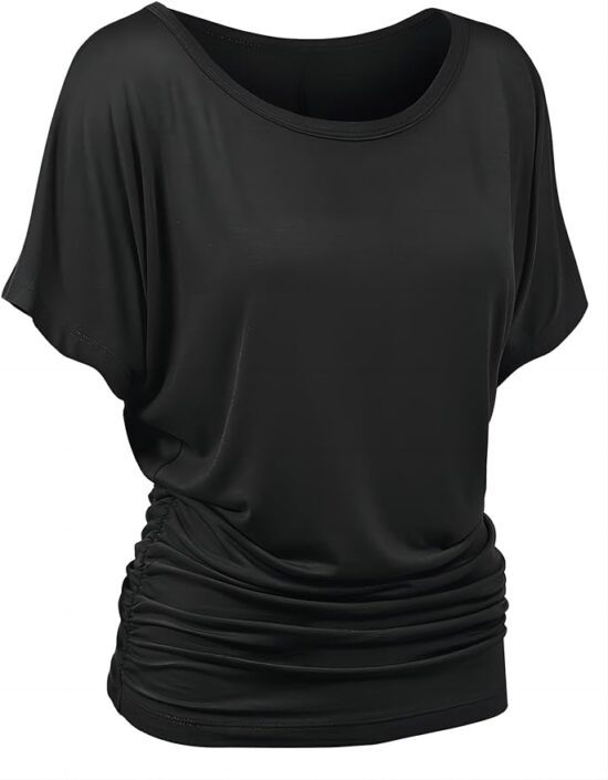 Women's Short Sleeve Boat Neck Dolman Top with Side Shirring (S-XXL)
