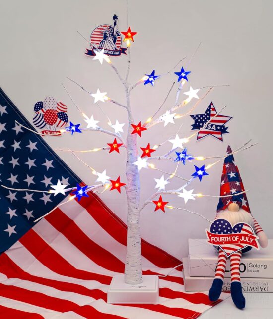 BOHON 4th of July Decorations 25'' Light up Birch Tree with 24pcs Red White Blue Star Lights, 48 LEDs Tree Light with Timer USB and Battery Operated for Memorial Day Patriotic Fourth of July Decor