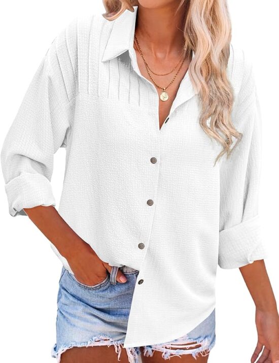 HOTOUCH Button Down Shirts for Women Casual Pleated Long Sleeve Shirt Textured Loose Fit Collared