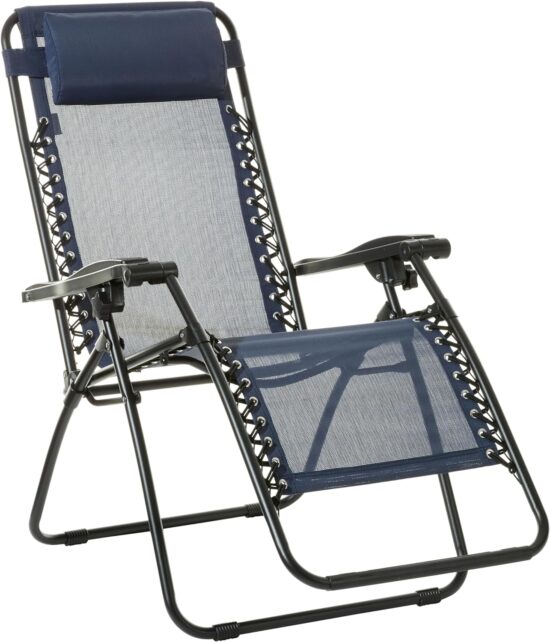 Amazon Basics Outdoor Textilene Adjustable Zero Gravity Folding Reclining Lounge Chair with Pillow, 26", Navy Blue - Image 2