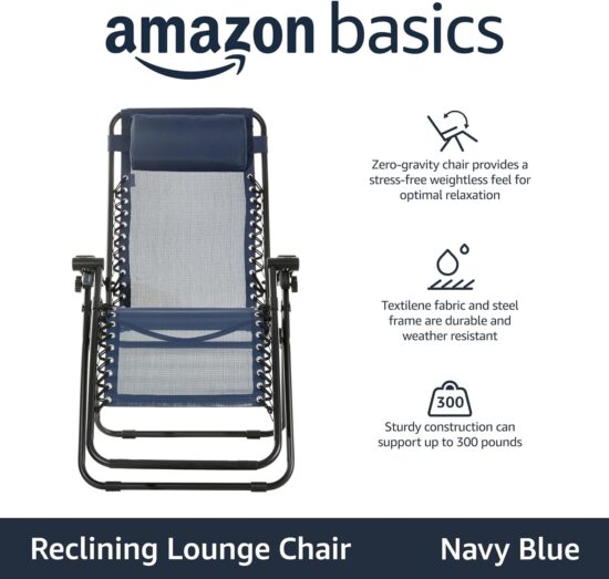 Amazon Basics Outdoor Textilene Adjustable Zero Gravity Folding Reclining Lounge Chair with Pillow, 26", Navy Blue