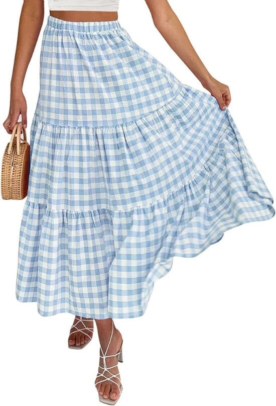 ZESICA Women's 2024 Summer Plaid Flower Elastic High Waist Flowy A Line Maxi Skirt with Pockets