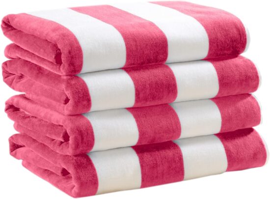 Great Bay Home 100% Cotton Velour 4 Pack Beach Towels | Pink Cabana Stripe Pool Towels | Quick Dry, Large Swim Towels for Adults and Kids (4 Pack 30" x 60", Bright Pink)