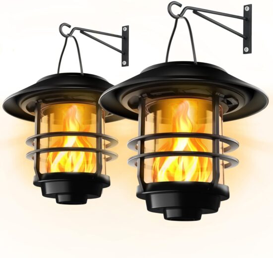Otdair Solar Wall Lantern Outdoor, Flickering Flames Solar Sconce Lights Outdoor, Hanging Solar Lamps Wall Mount for Front Porch, Patio and Yard, 2 Pack