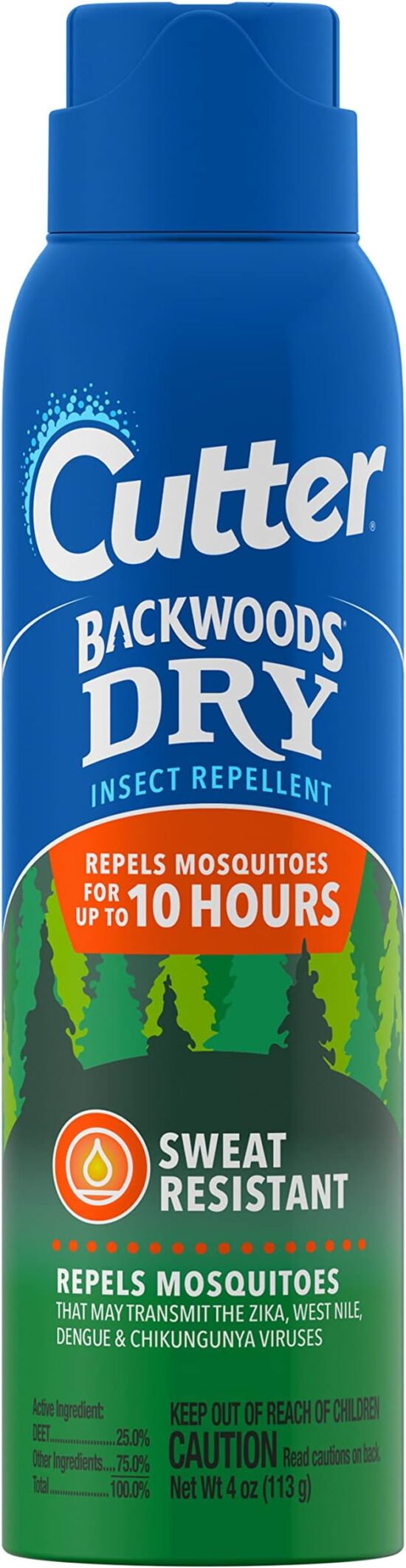 Cutter Backwoods Dry Insect Repellent, Mosquito Repellent, 25% DEET, Sweat Resistant, 4 Ounce Aerosol