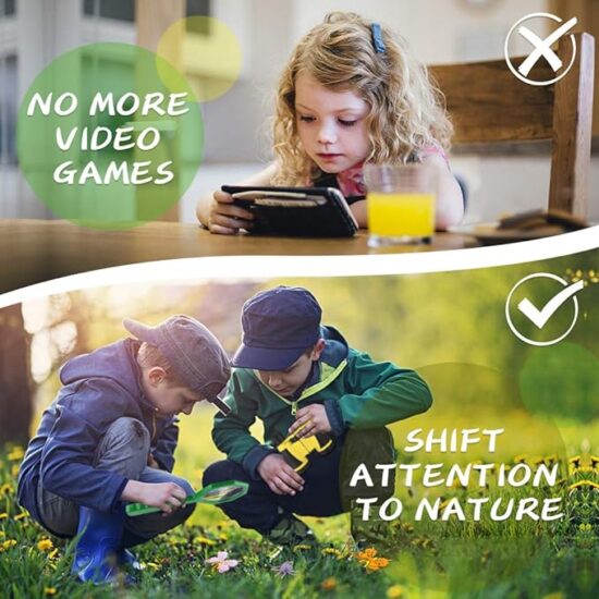 Kaqinu Kids Explorer Kit, 24 PCS Outdoor Adventure Camping Kit & Bug Catcher Kit with Drawstring Bag, Binoculars, Compass, Butterfly Net, Educational Nature Exploration
