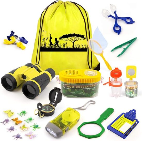Kaqinu Kids Explorer Kit, 24 PCS Outdoor Adventure Camping Kit & Bug Catcher Kit with Drawstring Bag, Binoculars, Compass, Butterfly Net, Educational Nature Exploration - Image 2
