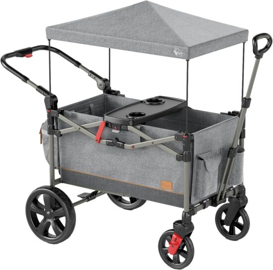 Busy Bee Foldable Wagon Stroller for 2 Kids, Push Pull Collapsible Kids Wagon with Adjustable Handle Bar, Removable Canopy, 5-Point Harness, Shock-Absorbing Wheels