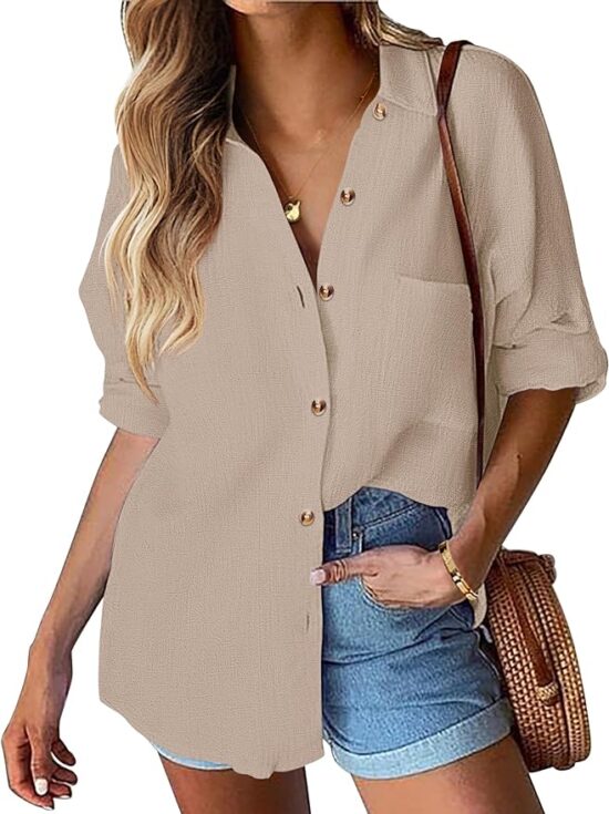HOTOUCH Womens Cotton Button Down Shirt Casual Long Sleeve Loose Fit Collared Linen Work Blouse Tops with Pocket