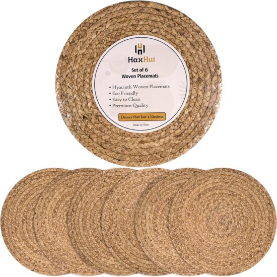 Round Woven Placemats - Natural Placemats Set of 6, Straw Braided Rattan Placemats, 13.5 Inches, Non-Slip, Heat Resistant, Hand Woven Chargers for Dining Table