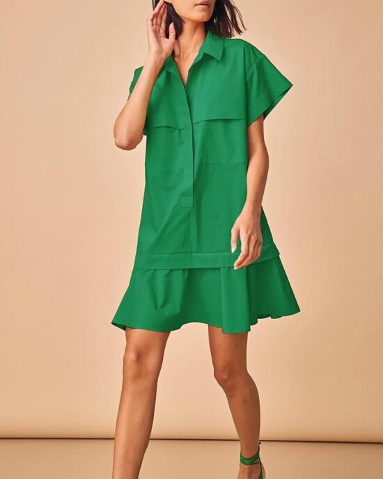 Women's Cotton Drop Waist Shirt Dress Short Sleeve Button Down Mini Dress Ruffle Tunic Dress with Pockets
