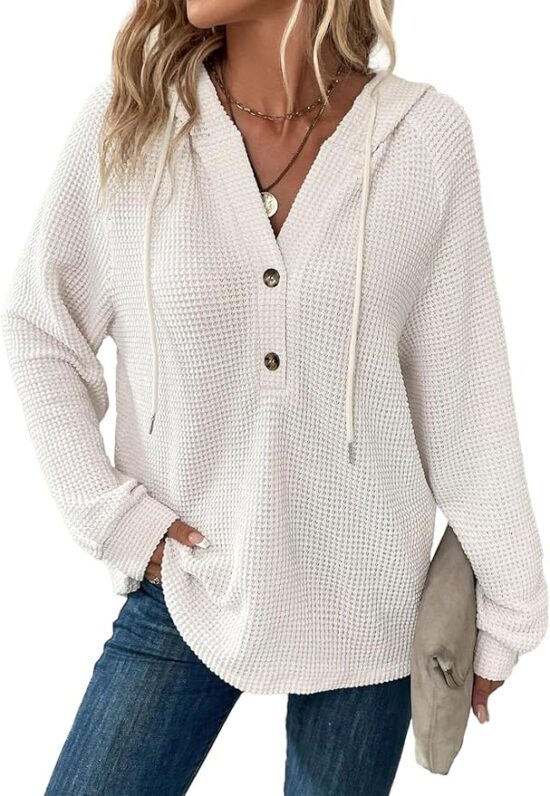 Dokotoo Hoodies for Women Waffle Knit Drawstring Button V Neck Long Sleeve Casual Pullover Sweatshirt Hooded Tops