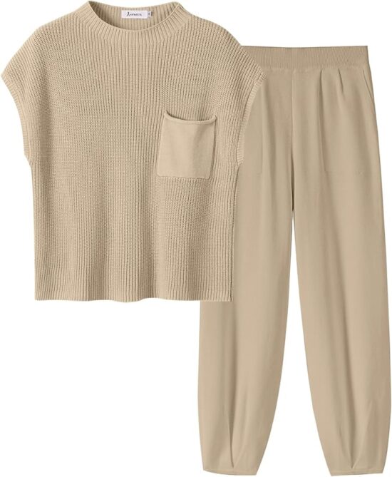 ANRABESS Women's Two Piece Outfits Knit Sweater Pullover Crop Top & Pants Lounge Matching Tracksuit Sweatsuit Sets