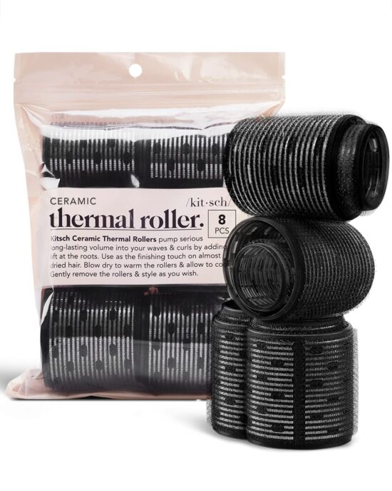 Kitsch Ceramic Thermal Hair Rollers for Short Hair - Assorted Velcro Rollers for Hair, Rollers Hair Curlers for Long Hair Roller, Self Grip Hair Rollers for Blowout Look for Long Hair -8pcs Black