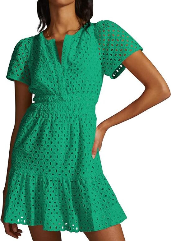 PRETTYGARDEN Womens 2024 Summer Short Dress V Neck Short Sleeve A Line Hollow Out Lace Ruffle Cute Casual Beach Party Dresses