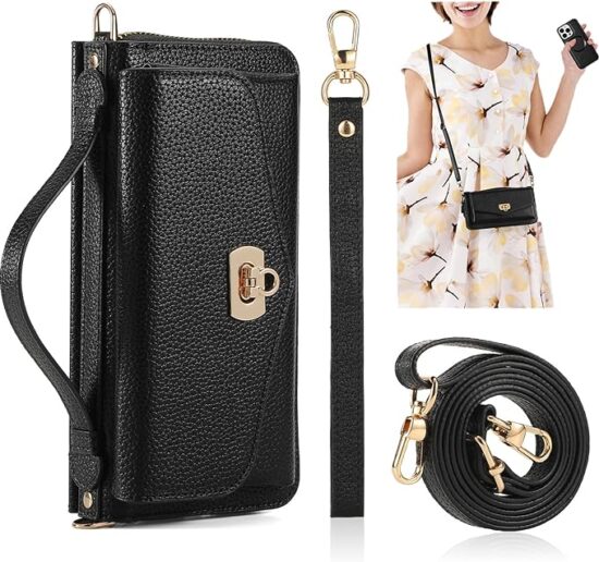 Crossbody Wallet Case for iPhone 15 Pro Max, Magnetic Detachable PU Leather Phone Case with RFID Blocking Card Holder Wristlet