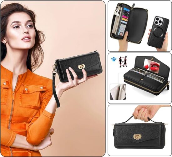 Crossbody Wallet Case for iPhone 15 Pro Max, Magnetic Detachable PU Leather Phone Case with RFID Blocking Card Holder Wristlet - Image 2
