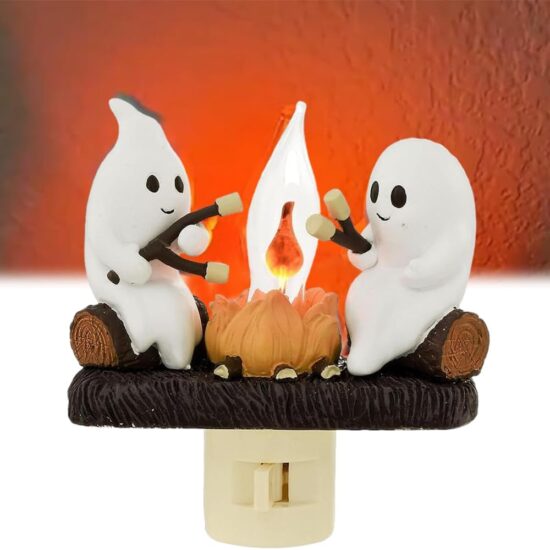 Ghost Campfire Flickering Night Light, Ghosts Campfire Flicker Flame Halloween Nightlight, 3D LED Small Electric Faux Campfire Night Light, Halloween Nightlight Indoor Decorations for Family Friends