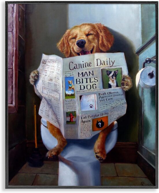 Stupell Industries Dog Reading the Newspaper On Toilet Funny Painting Framed Giclee Art Design By Artist Lucia Heffernan