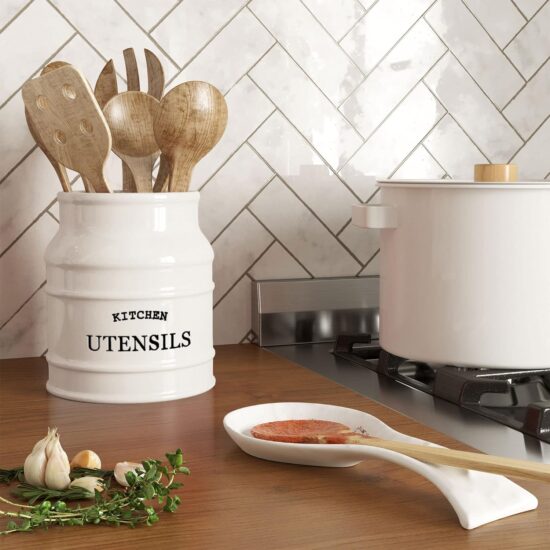 Barnyard Designs Ceramic Farmhouse Utensil Holder for Kitchen Counter, Large Rustic Utensil Crock, Countertop Cooking Tool Spatula Organizer, 6.75” (White) - Image 2